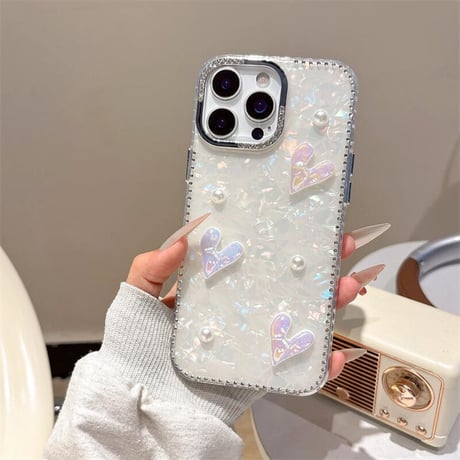 CUTECASE ハートデコ iPhone16pro/16カバー シェル柄 iPhone15pro/14promax/13ケース パール/ジュエリーデコ 上品 大人可愛い CM5314