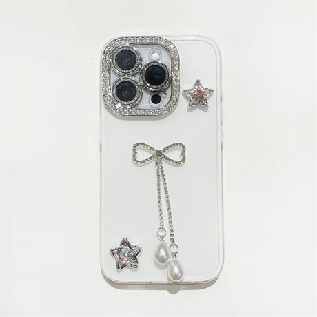 CUTECASEジュエリーリボンフリンジ iPhone16Pro/15/14ケース キラキラレンズカバー iPhone13pro/12カバー ハンドメイド 大人可愛い CM5193
