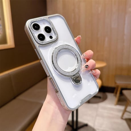 CUTECASEキラキラリングスタンド iPhone17Pro/16カバー ジュエリーデコ iPhone15promax/14proカバー メタルカラー 黄ばまないCM5571