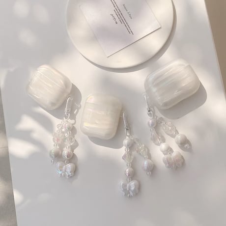 CUTECASE キラキラ感シェル柄 Airpods Pro3ケース リボンキーホルダー Airpods 4/3カバー AirpodsPro2/1 大人可愛い きれいCM6312