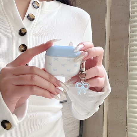 CUTECASE 韓国っぽ Airpods 4/Pro3ケース リボン柄 Airpods 3カバー AirpodsPro2/1 キーホルダー付 お洒落 光沢感 CM6067