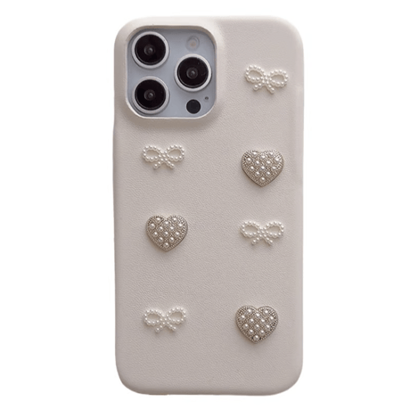 CUTECASE上品 iPhone16/16proケース パールリボン/ハート iPhone14/13pro/12ケース ベージュ色 チャーム付 レザー製CM4669