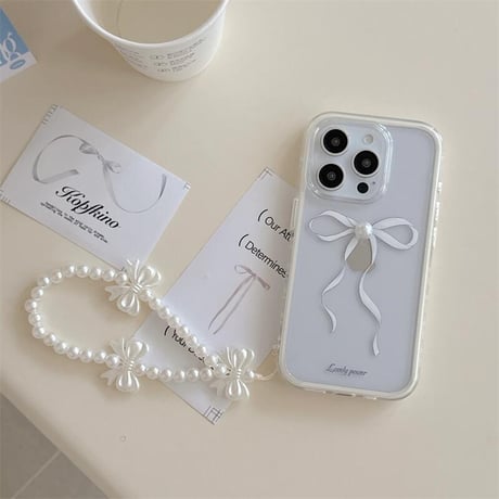 CUTECASE立体パールデコリボン iPhone16Pro/16ケース パールストラップ iPhone15Pro/14/13proカバー 大人可愛い 高級感 CM5205