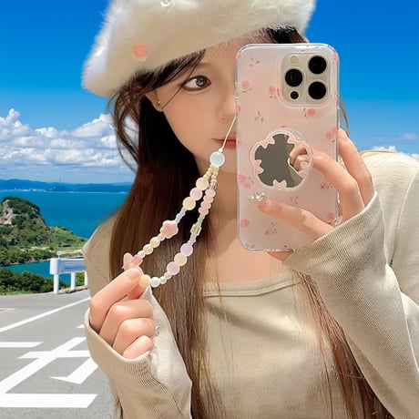 CUTECASE花鏡付 iPhone16/16proケース 薔薇柄 ストラップ付 アイフォン15pro/14/13proケース 大人可愛い 女子力UP 多機能CM5108
