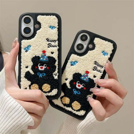 CUTECASE刺繡 熊ちゃん iPhone16/16Proケース 毛織物 iPhone15Pro/14Promax/13カバー 耐衝撃 頑丈 秋冬に流行る CM4815
