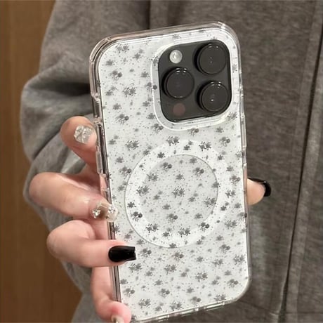 CUTECASE 黒花グリップ iPhone16pro/17ケース MagSafe充電 iPhone15/14promaxカバー パール オシャレ 大人可愛い CM5653
