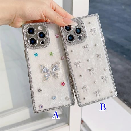 CUTECASEスクエア iPhone16pro/16ケース リボン/蝶 iphone15/14pro/13proカバー ジュエリー 女子力アップ 高級感CM5259