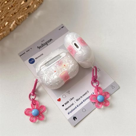 CUTECASEシェル調 Airpods4ケース 花キーチェーン AirpodsPro2ケース airpods3/2ケース 艶感 韓国風 プレゼントにおすすめCM5440