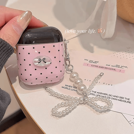 CUTECASEAirpods 4ケース 水玉模様 パールリボンキーチェーン Airpods3/Pro2ケース airpodspro2カバー ピンク 女子力高い 大人可愛いCM5215