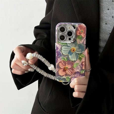 CUTECASE油絵の花 iPhone15Pro/15カバー お洒落ストラップ付 アイフォン14プロ/13/12ケース 光る 女子力アップ CM4555
