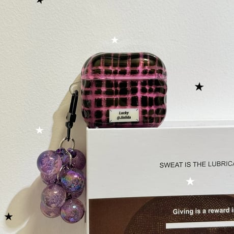 CUTECASE パープル系 Airpods Pro3ケース ぶどうっぽキーホルダー Airpods 4/3カバーケース AirpodsPro2/1 オシャレ チェック柄 CM6176