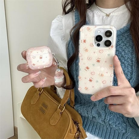 CUTECASE熊 Airpods 4ケース キーチェーン付 Airpods3/Pro2ケース airpodsproカバー めっちゃ可愛い うねうねCM5118