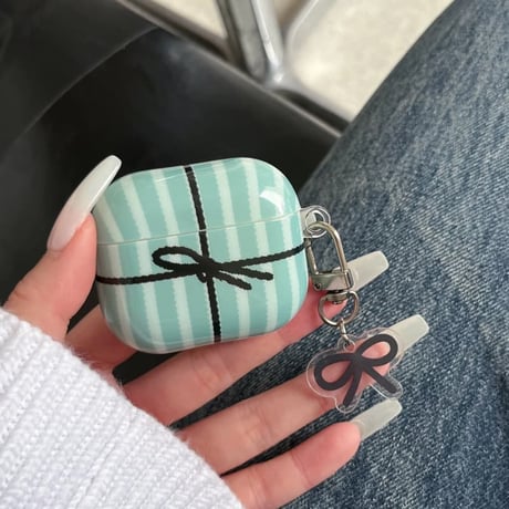 CUTECASE ギフトボックス Airpods Pro3ケース リボンキーホルダー Airpods 4/3カバーケース AirpodsPro2/1 ストライプ柄 CM6168