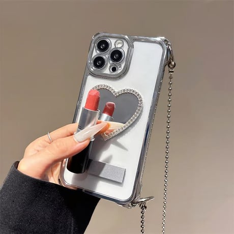 CUTECASEジュエリーハートミラー アイフォン16pro/15ケース スタンド付 ショルダーストラップ付 iPhone14/13pro/12カバー 大人可愛い 多機能CM5240