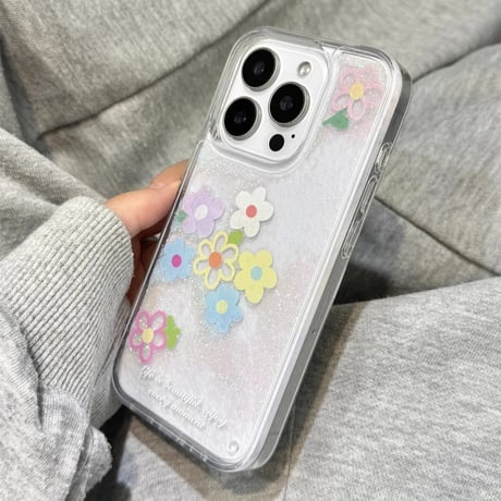 CUTECASE 動く花 iPhone16/16proケース 液体ラメ入り iPhone15/14pro/13promaxカバー 丈夫 ストレス発散 ギフトにおすすめ CM5416