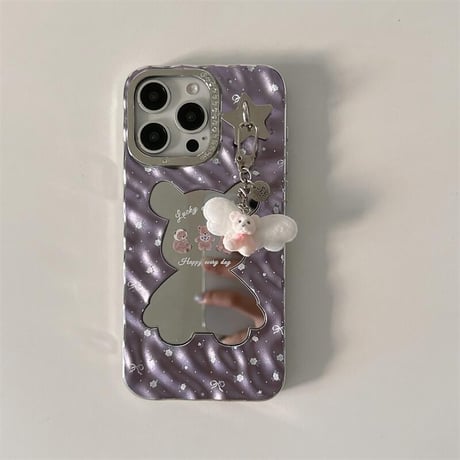 CUTECASE熊ちゃんミラー iPhone16/16proケース 可愛いバックチャーム付 iPhone15pro/14pro/13カバー 艶感 可愛い CM5419