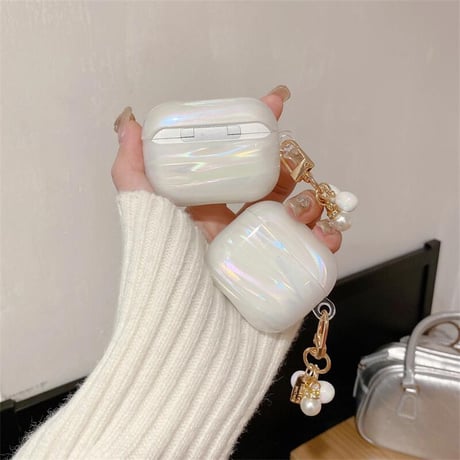 CUTECASEシェル柄 Airpods第4世代ケース 虹色の雲 パールハートキーホルダー Airpods3/Pro2ケース airpodsproカバー 上品 高級感 可愛いCM5111
