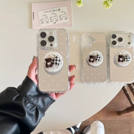 CUTECASE水玉模様ミラー iPhone17pro/17ケース 熊グリップ iPhone16/15promax/14ケース かわいい 多機能便利CM6352