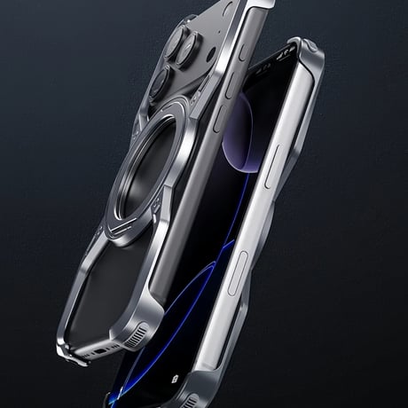 CUTECASE iPhone17Promaxケースアルミ合金フレームレス設計中空放熱支点リング保護ケース360°回転リングホルダー