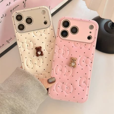 CUTECASE 熊デコ iPhone17/17Proケース リボン 皮っぽ iPhone17promax/16Pro/15ケース カメラカバー付 大人可愛い CM5911