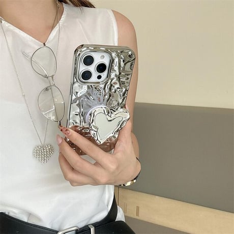CUTECASE しわ模様 iPhone17/16proケース ハート型ミラー付グリップ付 iPhone15promax/14proケース ジュエリーストラップ 高機能CM5640