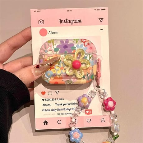 CUTECASE 綺麗花柄 Airpods4ケースカバー 花ストラップ付 AirpodsPro2ケース airpods3/2ケース 可愛い ギフトにおすすめCM5548