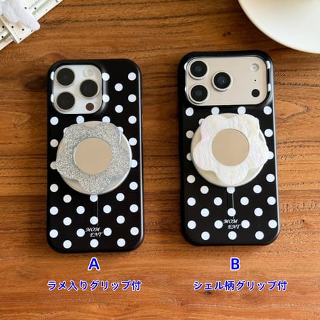 CUTECASE 花型ミラーグリップ付 iPhone17pro/17ケース 水玉模様 MagSafe対応 iPhone16/15proケース 耐久性 韓国っぽ ガーリーファッションCM6058