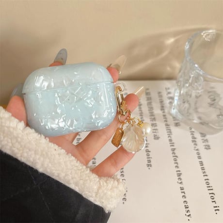 CUTECASEシェル柄 Airpods第四世代ケース 水色 貝殻キーホルダー Airpodspro2/proカバー Airpods第3/2世代 かわいい 女子力高いCM5086
