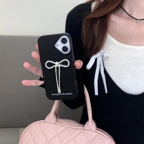 CUTECASEジュエリーリボン iPhone16/16Proケース 高級感 きれいめコーデ iPhone15/14/13/12Proカバー ブラック 女子力高い CM4910