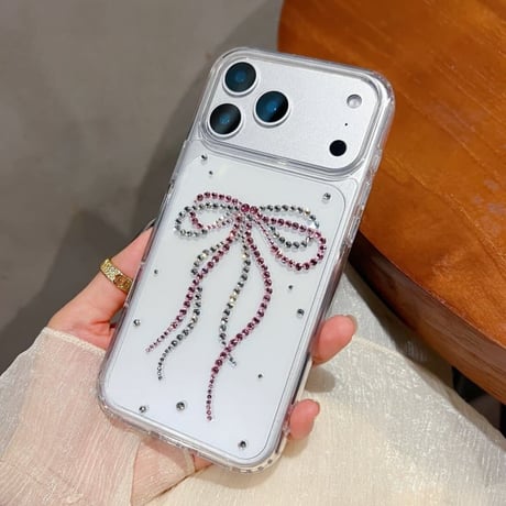 CUTECASEダイヤリボン iPhone17Pro/17ケース かわいい iPhone17ProMax/16Pro/15カバー 透明 黄ばまない 女子力アップ CM6117
