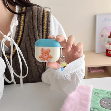 CUTECASE熊 Airpods 4ケース リボン柄 Airpods3/2カバー Airpodspro2/pro リング/キノコキーチェーン めっちゃ可愛いCM4999