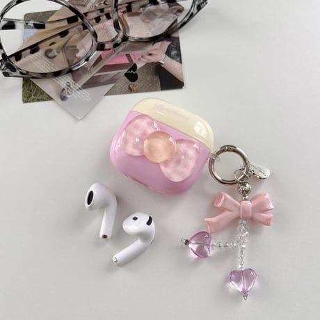 CUTECASE リボンデコ AirpodsPro3ケース 光沢感 Airpods4/3カバー pro2/Pro1ケース 可愛いキーホルダー付き CM6461