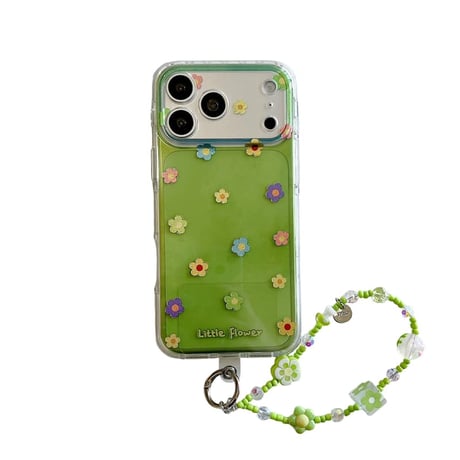 CUTECASE グリーン iPhone17pro/17ケース キラキラ花柄 iPhone16promax/15pro/14ケース 花ストラップ きれいCM6250