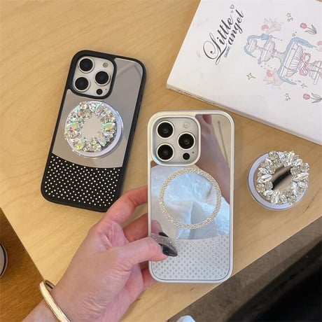 CUTECASE Magsafe充電 ミラーiPhone16Pro/16ケース ダイヤデコ鏡付グリップ iPhone15Pro/14Pro/13ケース 上品 スタンド 高級感 CM5460