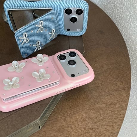 CUTECASE スタンド付ミラー iPhone17/17Proケース リボン/花デコ レザー iPhone17ProMax/16/15/14カバー 高品質 頑丈 上品 オシャレCM6229