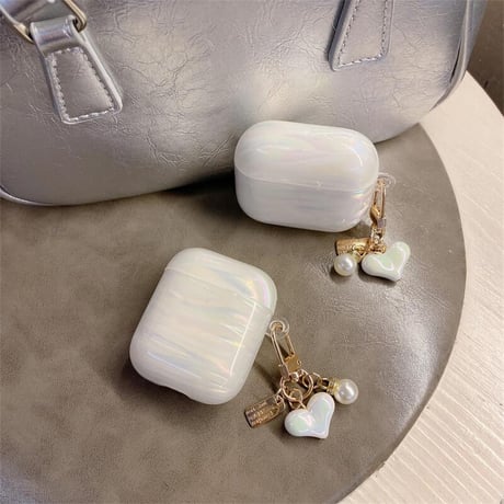 CUTECASEシェル柄 Airpods第4世代ケース 虹色の雲 パールハートキーホルダー Airpods3/Pro2ケース airpodsproカバー 上品 高級感 可愛いCM5111