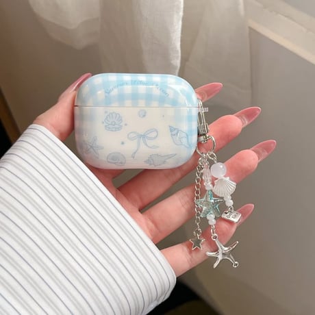 CUTECASE ブルーリボン柄 Airpods Pro3ケース 貝殻キーホルダー Airpods 4/3カバー AirpodsPro2/1 大人可愛いCM6297