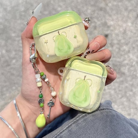 CUTECASE梨柄 Airpods4ケース うねうね AirpodsPro2ケース airpods3/2カバー キーホルダー 女子に人気 涼しい感じCM5408