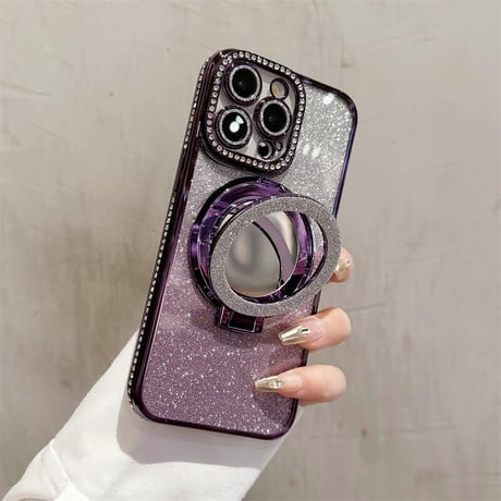 CUTECASE鏡付Magsafeリングスタンド iPhone16/15Proケース ストーン iPhone14/13Proカバー 綺麗 多機能 コスパ最強CM3769