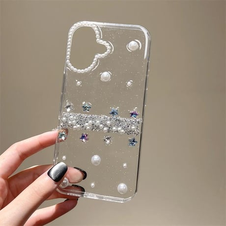 CUTECASEハンドメイド iPhone16plus/16proケース パール/ダイヤデコ iPhone15/14/13promaxカバー 高透明 かわいい 女子力高い CM5360