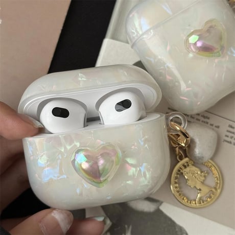 CUTECASE女子力アップ Airpods3/pro2ケース かわいいシェル風 キラキラハートAirpods2/proカバー チャーム付 可愛い ギフトに最適CM4416