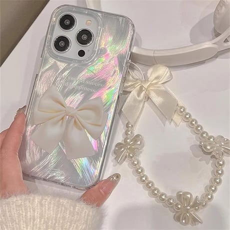 CUTECASEリボン柄 iPhone15/15proケース パールストラップ付 iPhone14/13pro/12ケース かわいい きれい キラキラ艶感CM4015