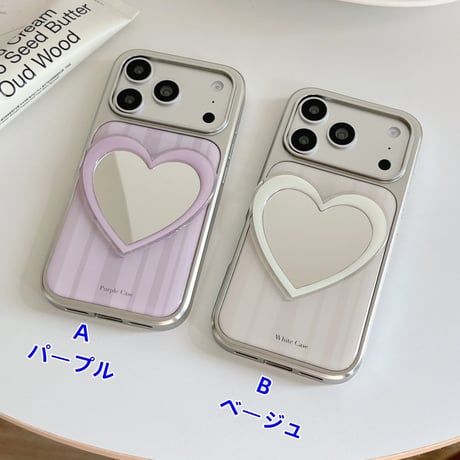 CUTECASE ハートミラー iPhone17Pro/17ケース ストライプ柄 iPhone16Pro/15/14ケース 淡色系 ガーリーファッションCM6264