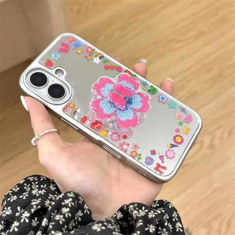CUTECASEメイク鏡 iPhone16pro/16ケース 花/蝶グリップ iphone15pro/14/13proカバー 大人可愛い 春夏向け 便利CM5167
