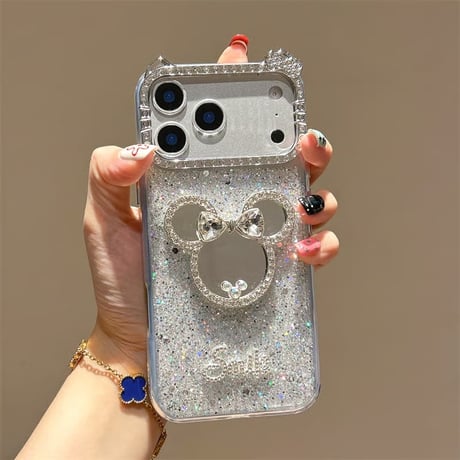 CUTECASE ジュエリーミラー iPhone17Pro/17ケース キラキララメ iPhoneAir/17ProMax/16Pro/15カバー 耳とリボン付き 可愛すぎ CM574