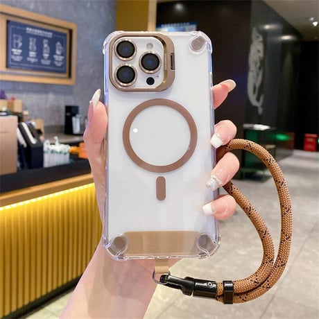 CUTECASEストラップ付 iPhone16pro/17ケース Magsafe充電 スタンド付 iphone15pro/14pro/13カバー 透明 耐衝撃 CM5449