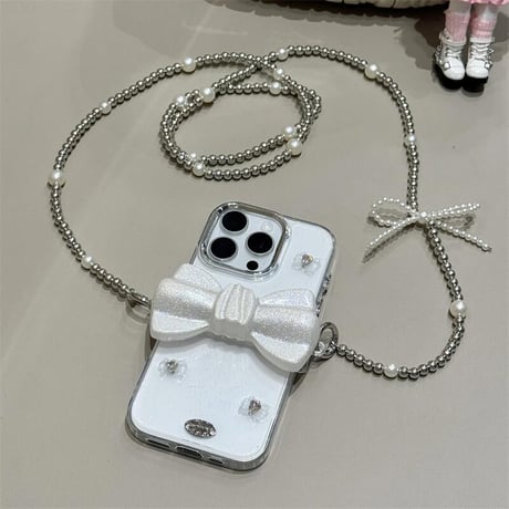 CUTECASEファッションデザインリボンショルダーチェーン iPhone16pro/16ケース ハートダイヤ iPhone15/14pro/13promaxカバー 女子 CM5189