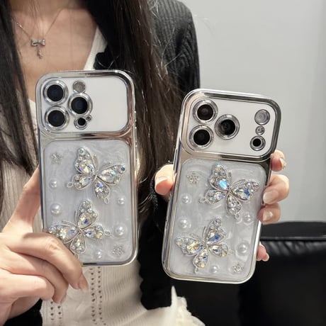 CUTECASE iPhone17Promaxケースダイヤ蝶 パール iPhone17/16Pro/15Proケース 豪華 オシャレ キラキラ感 CM6294