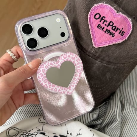 CUTECASE 豹柄ハート型ミラーグリップiPhone17Promaxケース MagSafe対応 iPhone17Pro/16/15ケース 光沢感 オシャレ CM6332