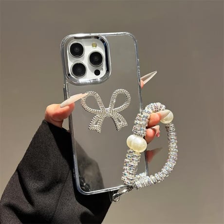 CUTECASEミラー iPhone16e/16proケース ジュエリーリボン iPhone15pro/14/SEカバー 可愛いパールストラップ 高級感CM5220